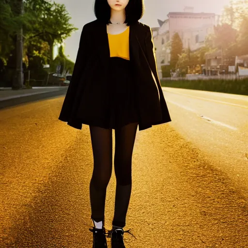 Image similar to 1 7 - year - old pale - skinned anime girl with black long bob cut, long bangs, black gothic jacket, black jeans, running through italian town, yellow sunshine, sepia sun, strong lighting, strong shadows, vivid hues, ultra - realistic, sharp details, subsurface scattering, intricate details, hd anime, 2 0 1 9 anime