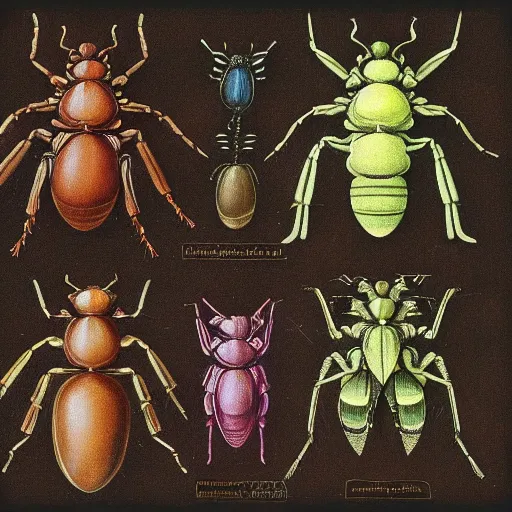 Image similar to detailed color technical drawing of alien bugs by da vinci