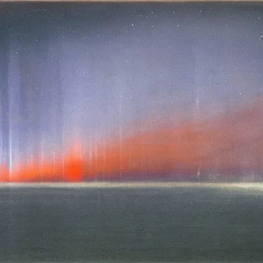 Image similar to the epic abstract painting'blue arctic void with black and red aurora borealis above a tiny inuit village ', by caspar david friedrich!!!, by rothko!!!, stunning masterpiece, trending on artstation