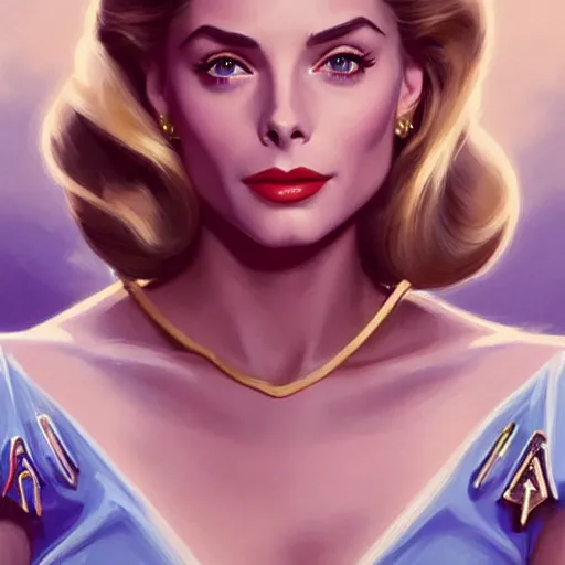 Image similar to A combination of Grace Kelly's and Willa Holland's and Ashley Greene's faces as She-Ra, western, D&D, fantasy, intricate, elegant, highly detailed, digital painting, artstation, concept art, matte, sharp focus, illustration, art by Artgerm and Greg Rutkowski and Alphonse Mucha