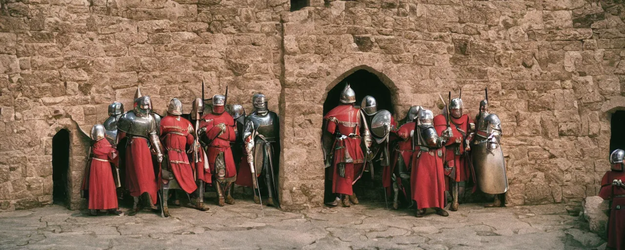 Image similar to a medieval castle with knights protecting a giant mound of spaghetti behind the walls, canon 5 0 mm, super detailed face, facial expression, cinematic lighting, photography, retro, film, kodachrome