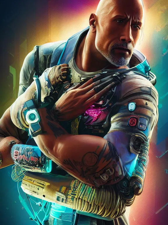 Prompt: a cyberpunk 2077 portrait of Dwayne Johnson holding a female android with tango pose,complex mess of cables and wires behind them connected to giant computer, love moive,film lighting, by laurie greasley,Lawrence Alma-Tadema,William Morris,Dan Mumford, trending on atrstation, full of color,face enhance, highly detailed,8K, octane,golden ratio,cinematic lighting