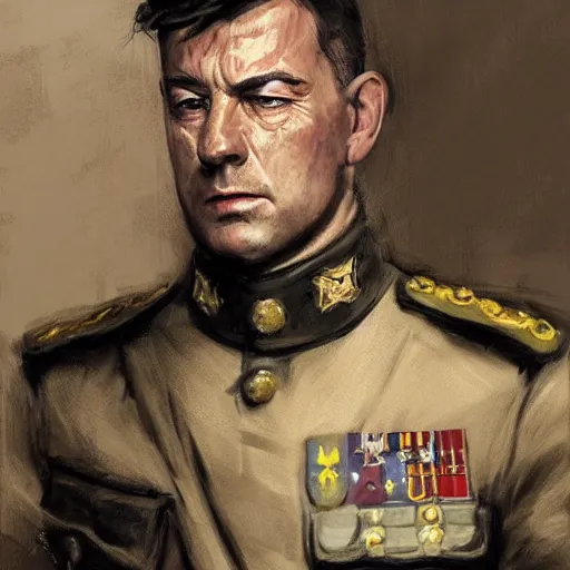 Image similar to portrait of a spanish republican general vicente rojo lluch, face portrait, epic, tragic, military art, fantasy, dieselpunk, hd shot, digital portrait, beautiful, artstation, comic style, by artgerm, guy denning, jakub rozalski, magali villeneuve and charlie bowater