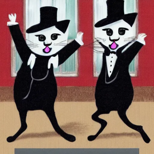 Image similar to photo of two cats dancing wearing bowler hats, realistic