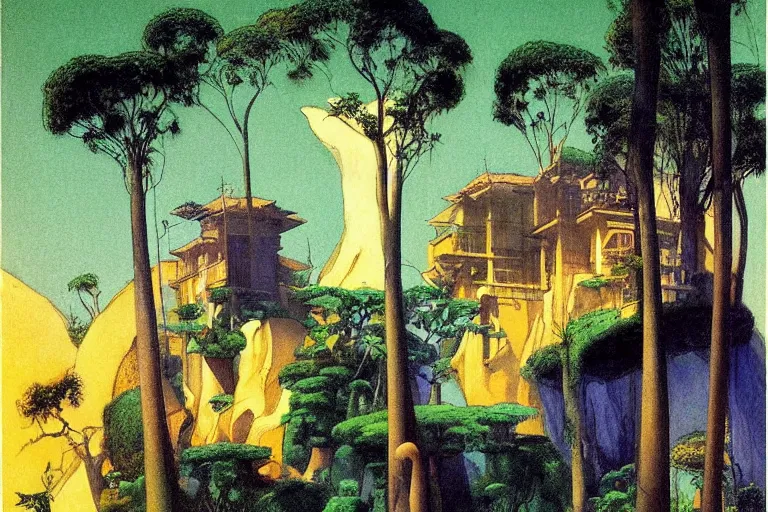 Image similar to a sandstone villa in the jungle,, glowing with silver light, painting by jean - leon gerome, illustration by winsor mccay, color by franz marc, today's featured anime still, architecture, 1 6 k