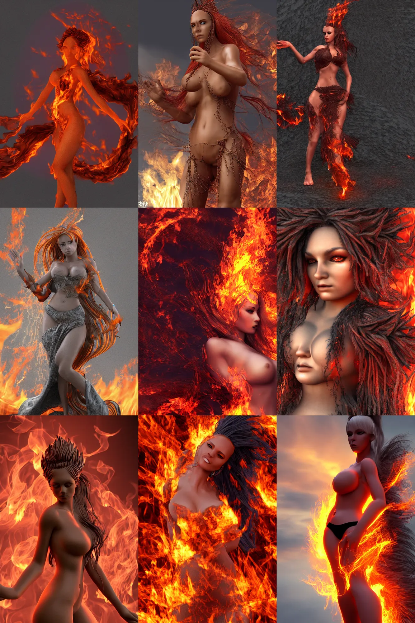 Prompt: a wlop 3 d render of very very very very highly detailed beautiful fire goddess, stormy background, micro detail