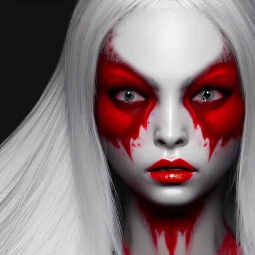 Image similar to a highly detailed portrait of a humanoid demon girl with white hair, red horns, in white clothes, artstation, deviantart, professional, unreal engine 5, photorealistic