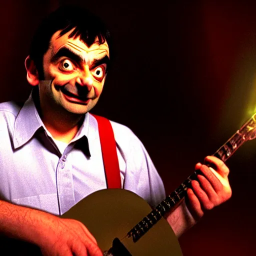 Image similar to mr. bean in tenacious d. movie still. cinematic lighting.