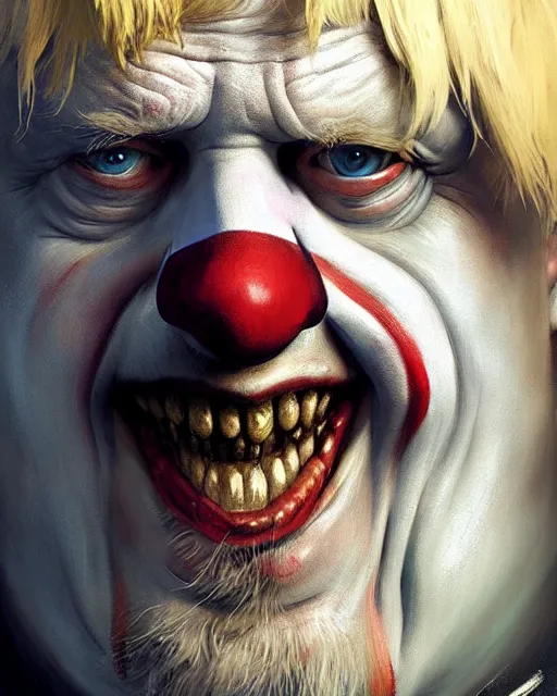 Image similar to boris johnson as clown character portrait, ultra realistic, concept art, intricate details, highly detailed by greg rutkowski, gaston bussiere, craig mullins, simon bisley