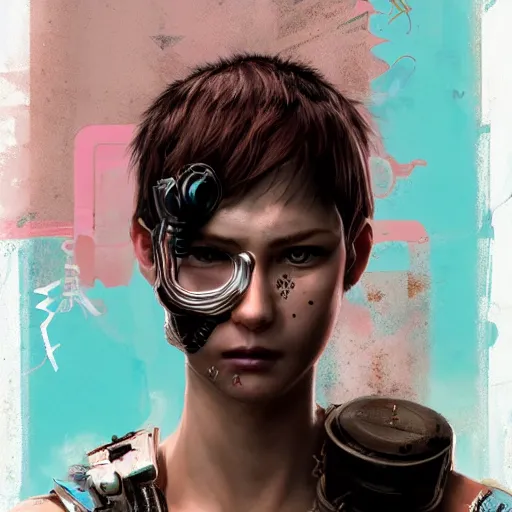 Image similar to highly detailed portrait of a post-cyberpunk south african young lady by Akihiko Yoshida, Greg Tocchini, 4k resolution, mad max inspired, pastel pink, light blue, brown, white and black color scheme with south african symbols and graffiti