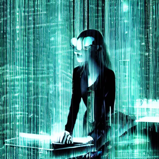 Image similar to Elle Fanning hacking a computer, dreamscape, dramatic green lighting, ink illustration