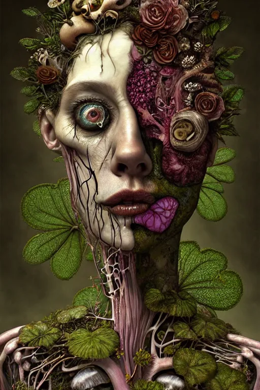 Prompt: sad and detailed rotten woman corpse with fractal plants and fractal flowers and mushrooms growing around, face muscles, veins, arteries, intricate, ornate, surreal, ray caesar, john constable, guy denning, dan hillier