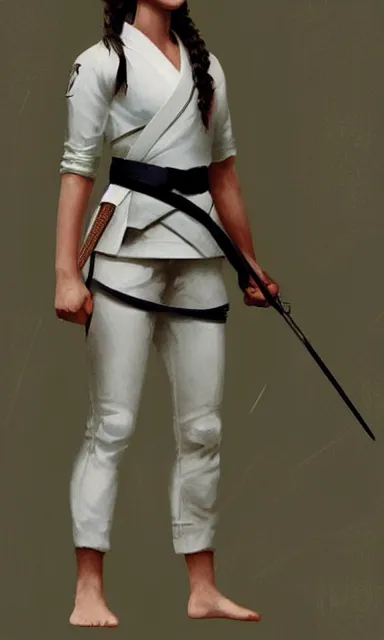 Image similar to katniss everdeen as a karate black belt, wearing a white gi, digital portrait by greg rutkowski, intricate, sharp focus, cinematic, epic, artstation