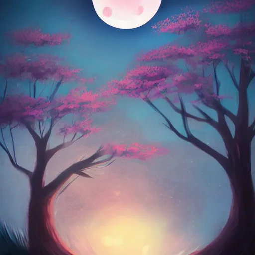 Prompt: Man sleeping under a sakura tree during a full moon by Anato Finnstark, digital art