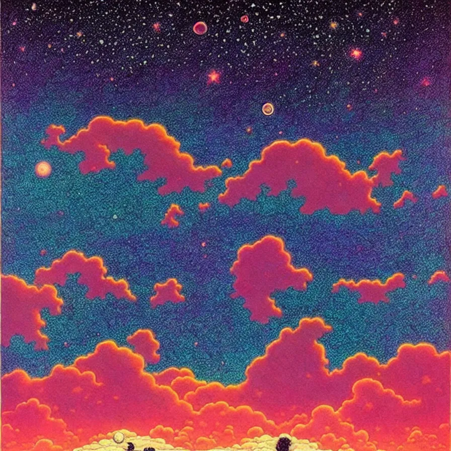 Prompt: ( ( ( ( beautiful starry sky and cloud ) ) ) ) ) by mœbius!!!!!!!!!!!!!!!!!!!!!!!!!!!, overdetailed art, colorful, record jacket, warm tones, bioluminescent