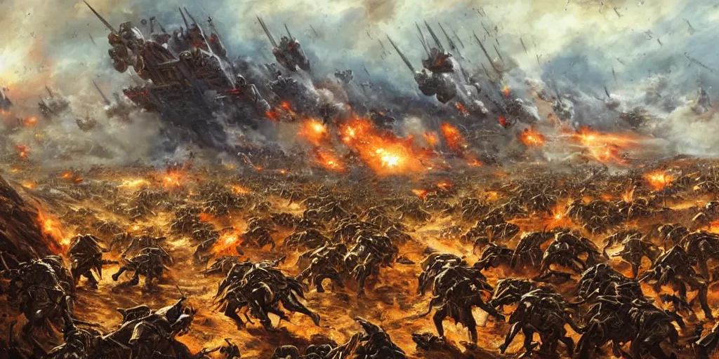 Image similar to world war 1 landscape of zergs destroying the terran soldiers, in an epic and bloody battle, beautiful painting