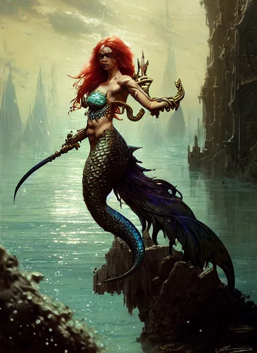 Image similar to a fierce mermaid warrior under water, fantasy character portrait, ultra realistic, concept art, intricate details, highly detailed by greg rutkowski, gaston bussiere, craig mullins, simon bisley