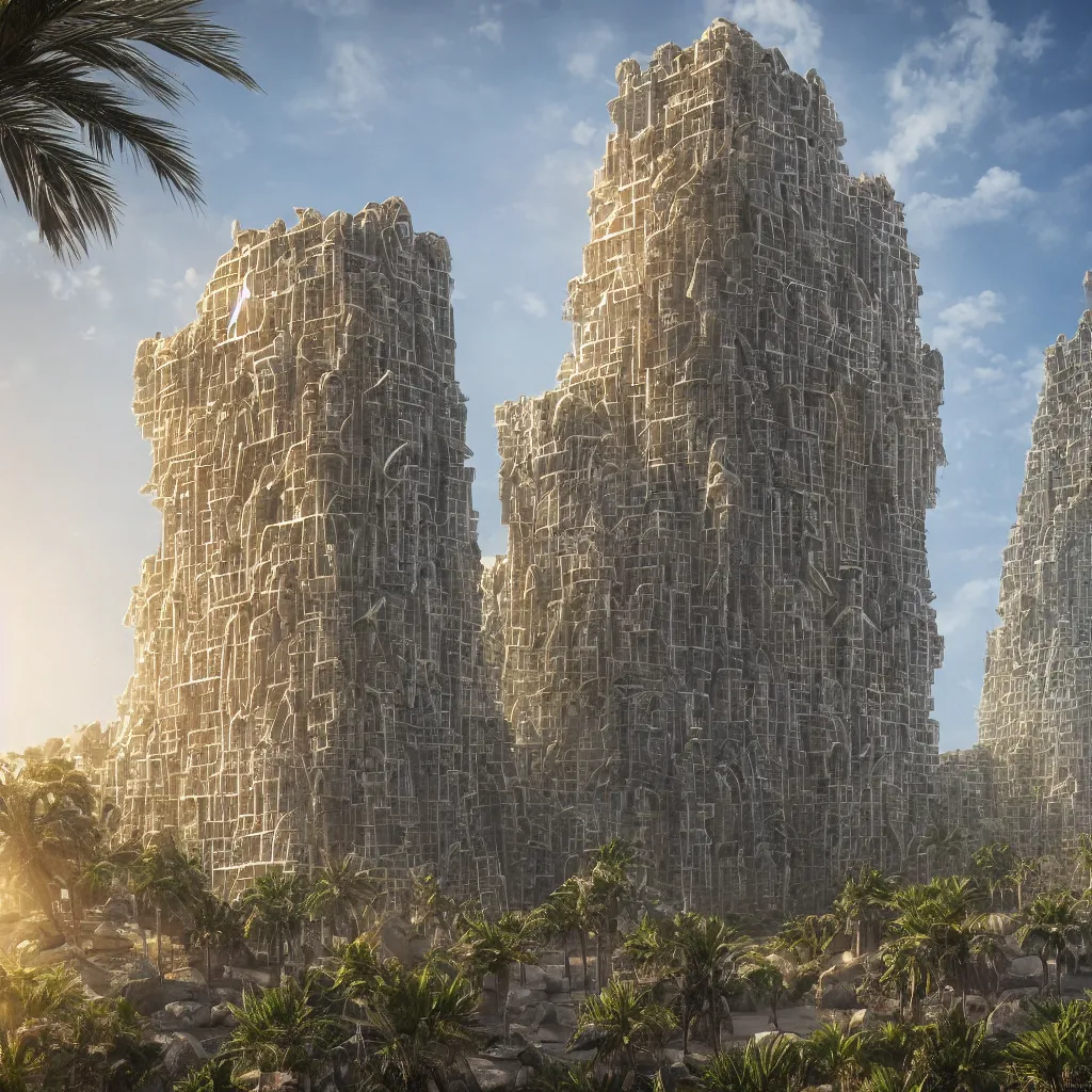 Image similar to photorealistic photo a contemporary babylon tower, golden details, stone facade, sacred geometry architecture, cascading highrise, arid mountains with lush palm forest, god rays, sunlight, post - production, octane, cgi, sfx