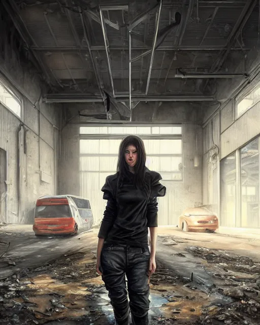 Prompt: daniel gerhartz and artgerm portrait digital realist painting of a beautiful woman wearing streetwear clothing, abandoned warehouse interior in the background, unreal engine, hyper realism, realistic shading, cinematic composition, realistic render, octane render, detailed textures, photorealistic, ultrawide shot, 3 5 mm film