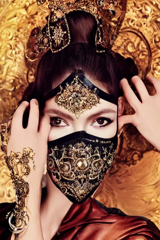 Prompt: 1 5 6 0's fashion photography, vogue cover, elaborate lights. mask on face, accurate details, ultra hd, beautiful background, hyper realistic, realistic hands and features
