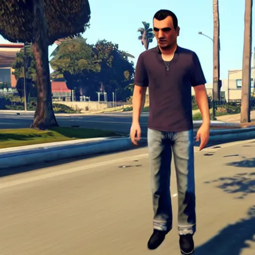 Prompt: A screenshot of a man with short brown hair, blue shirt, blue jeans, and white shoes in GTA 5