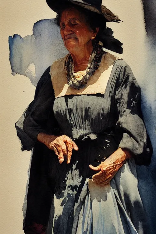 Prompt: abstract watercolor close - up portrait painting of a spanish old lady, black traditional dress, summer, magical and traditional, cinematic light, andalusian street, sharp shadows, daylight, national romanticism by anders zorn, by greg rutkowski, by greg manchess