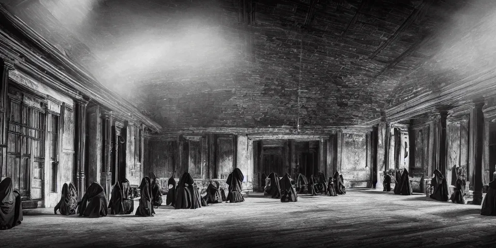 Image similar to house hall with 1 0 old women wearing black hooded cloaks, evil, black and white, lurking, looking at the camera, fear, dramatic lighting