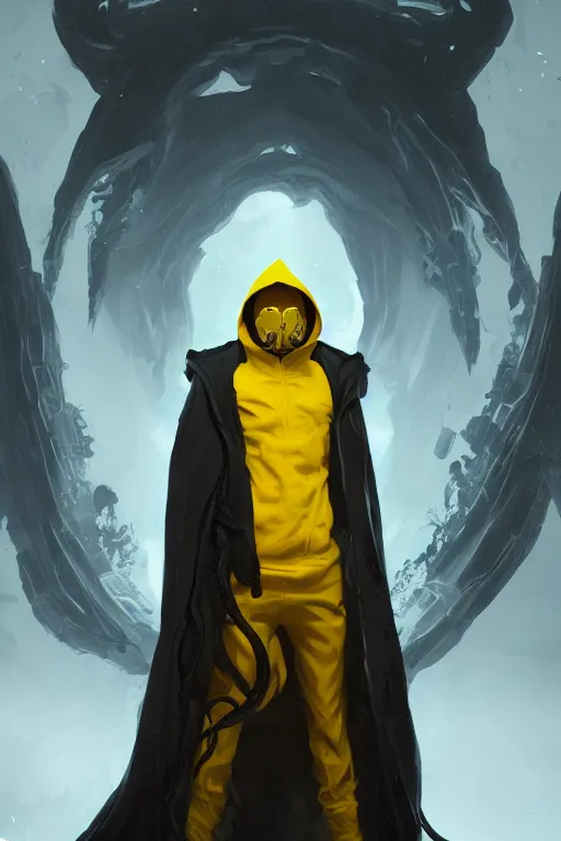Image similar to A full body portrait of a mysterious character with a very long yellow hooded cloak with tentacles instead of feet art by Maciej Kuciara and Jason Chan, trending on artstation, Ultra detailed, hyper realistic 4k