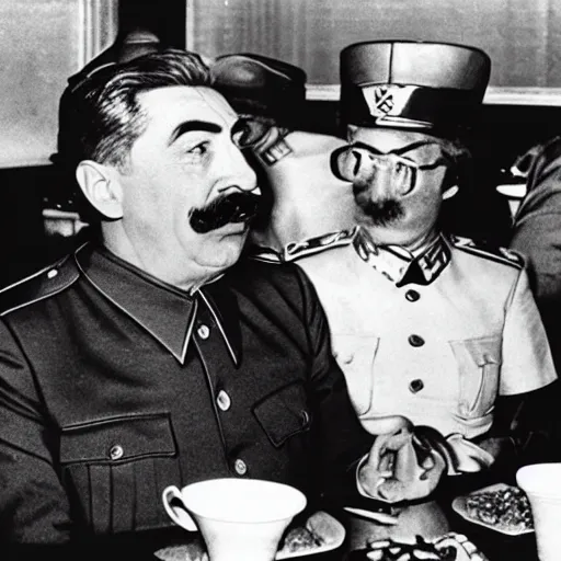 Image similar to joseph stalin eating at mcdonald's, press photo, caught off guard, surprised, paparazzi