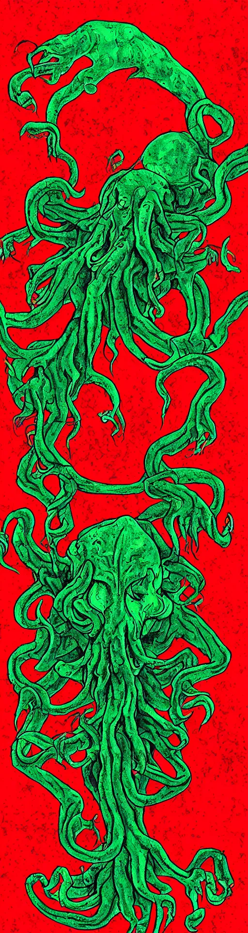 Prompt: Cthulhu lost inside the red room from Twin Peaks while David Lynch laughs in the background, fractal tile across the floor, Bob, mike judge art style, 90s mtv illustration