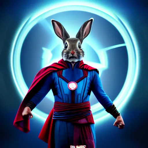 Image similar to Film still of a rabbit!!! wearing Dr. Strange clothes in avengers endgame, 4k, digital art