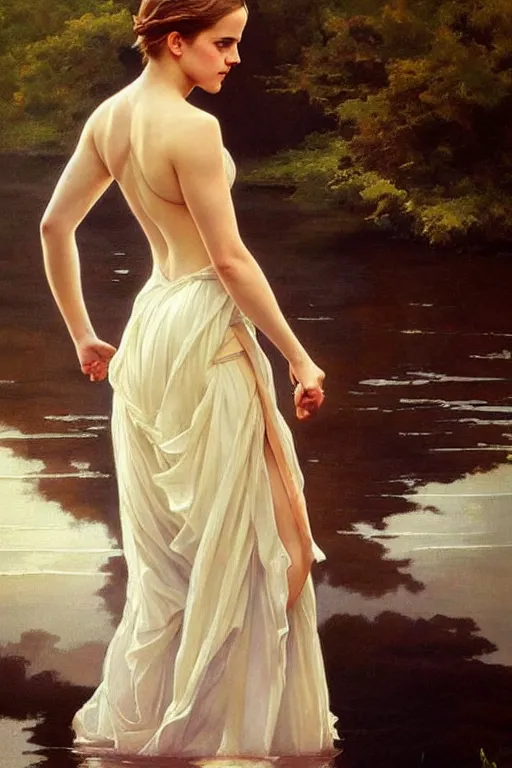 Image similar to a beautiful emma watson wearing a dress emerging from the water, oil on canvas, sensuality, artstation, by j. c. leyendecker and edmund blair leighton and charlie bowater, instagram photo