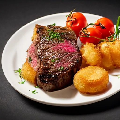 Prompt: juicy steak topped with melted butter, fried onion and a fried tomatoes, crispy buns, 8 k resolution, professional food photography, studio lighting, sharp focus, hyper - detailed