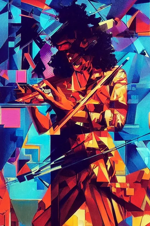 Prompt: wideangle action, portrait of a crazy violinist, decoherence, synthwave, glitch!!, fracture, vortex, realistic, hyperdetailed, concept art, golden hour, art by syd mead, cubism