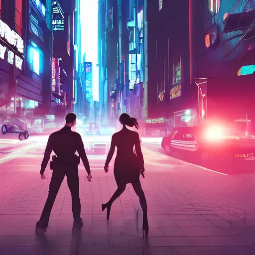 Image similar to realistic, symmetrical, cyberpunk city, man and women in love in a gunfight with robot police.