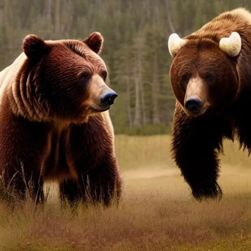 Image similar to film still of a bear and a bull movie 4k