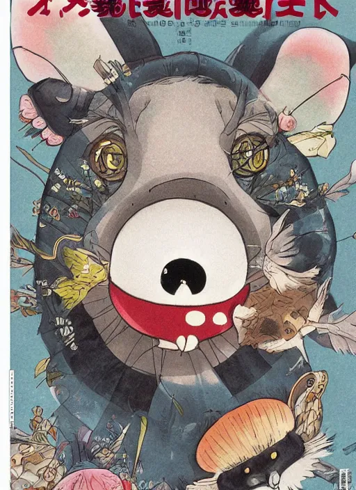 Image similar to a beautiful japanese magazine cover of a cute strange animal, illustrated by miyazaki, highly detailed, concept art, trending, poster