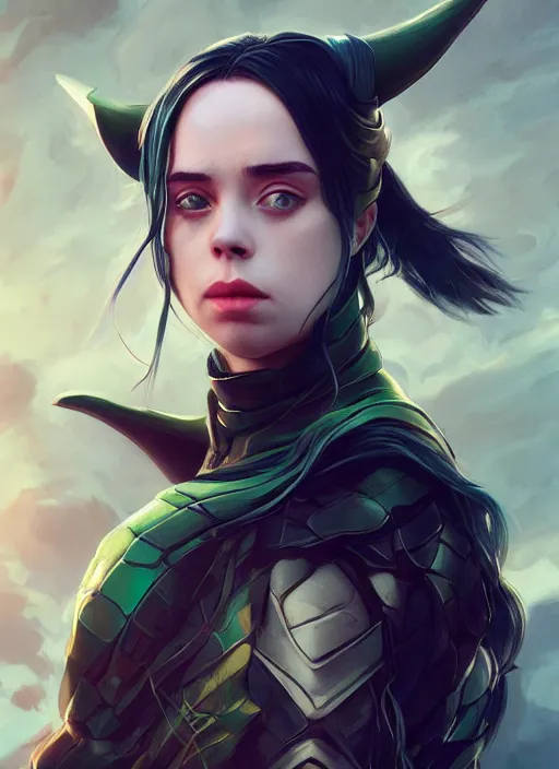 Image similar to billie eilish as female loki by Stanley Artgerm Lau, WLOP, Rossdraws, James Jean, Andrei Riabovitchev, Marc Simonetti, and Sakimichan, trending on artstation, hyper realistic, smooth render, bokeh