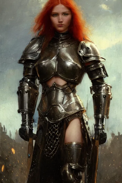 Image similar to muscular redhead young woman wearing black medieval armour, detailed, by gaston bussiere, bayard wu, greg rutkowski, giger, maxim verehin, greg rutkowski, masterpiece, sharp focus, cinematic lightning