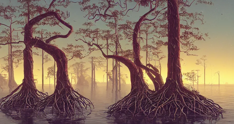 Image similar to A fantastic mangrove, by simon stalenhag