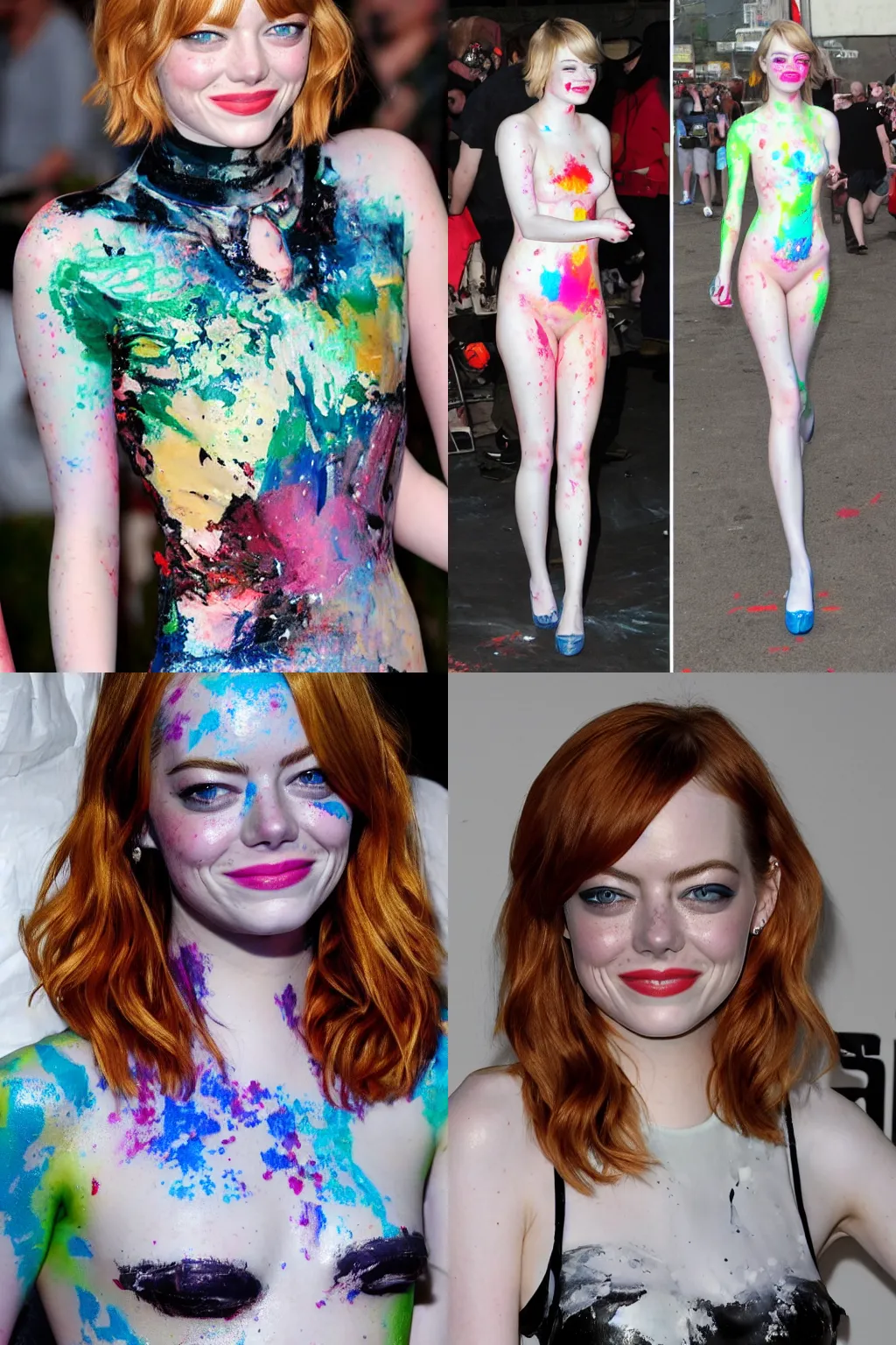 Prompt: photo of emma stone covered in paint