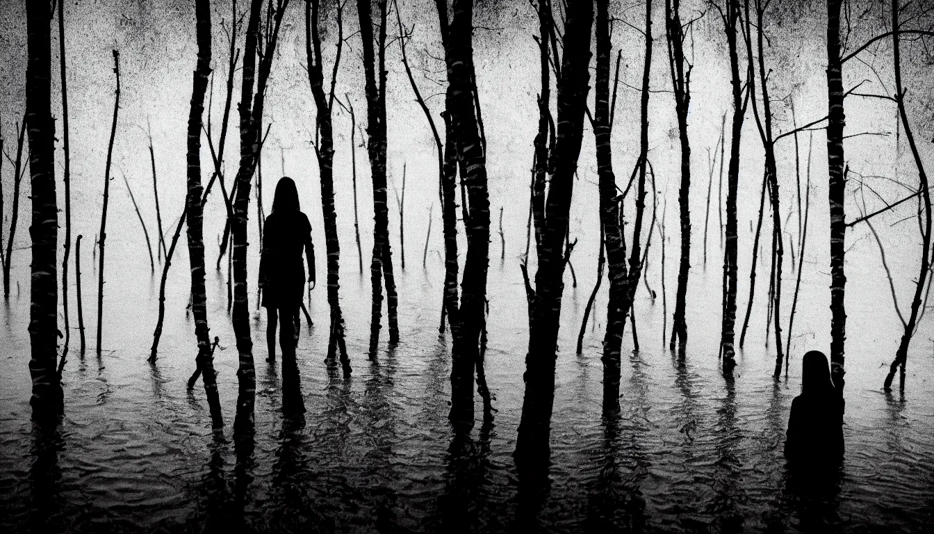 Image similar to silhouette of a person in wavy flood thin birch swamp, scary, dark, atmospheric, ambient vibe, very detailed, 8 k