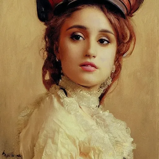 Image similar to Portrait of Ariana Grande in a steampunk blouse, vintage shading, by Ilya Repin