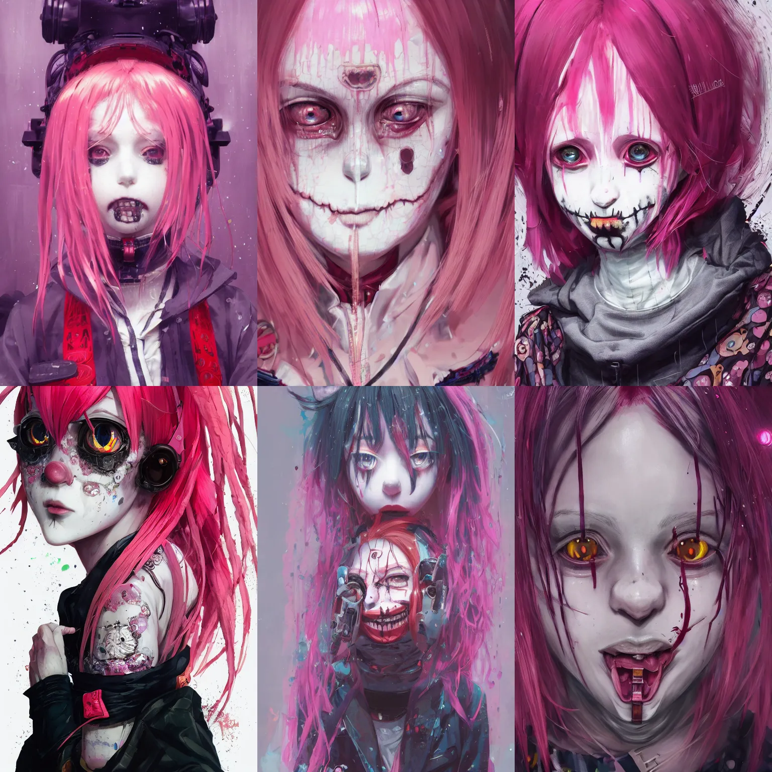 Image similar to by kyoto animation, very creepy clown girl pink hair, tears from the eyes, wearing cyberpunk intricate streetwear, beautiful, detailed portrait, intricate complexity, ilya kuvshinov, cell shaded, 4 k, concept art, by wlop, ilya kuvshinov, greg rutkowski, sharp focus, volumetric lighting, cinematic lighting