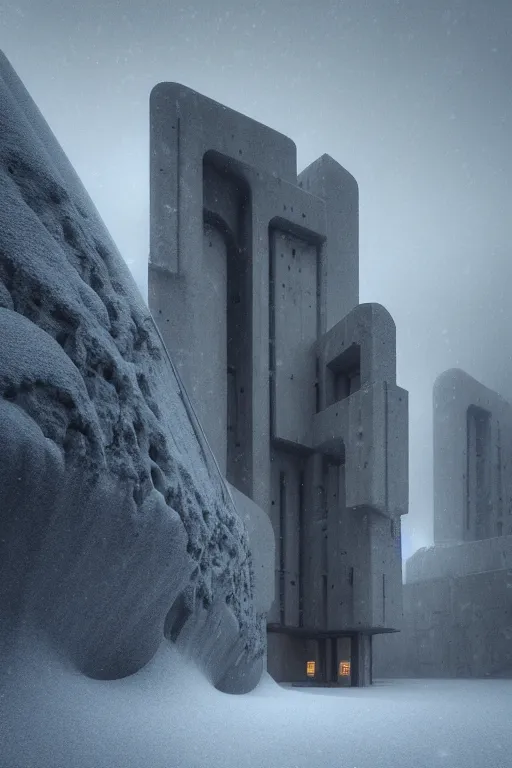 Image similar to sci - fi concrete brutalist architecture in the italian dolomites, snowfall, rutkowski, zaha hadid, beksinski, oil painting, photoreal, highly detailed, 8 k, hd, vray, artstation, cinematic matte painting, extreme detail photo quality, dark moody colors, featured on behance