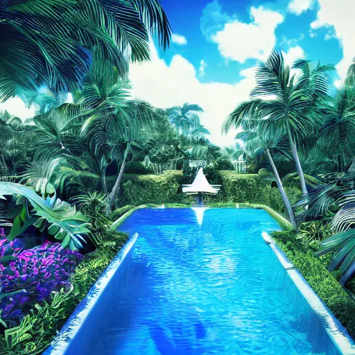 Image similar to tropical pool, vaporwave, realistic