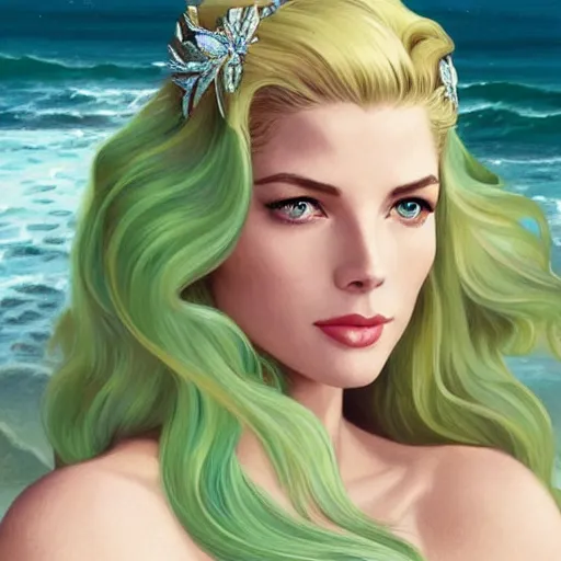 Prompt: A combination of Grace Kelly's and Katheryn Winnick's and Ashley Greene's faces with light green hair as a mermaid on the beach, western, fantasy, intricate, elegant, highly detailed, digital painting, artstation, concept art, matte, sharp focus, illustration, art by Artgerm and Greg Rutkowski and Alphonse Mucha