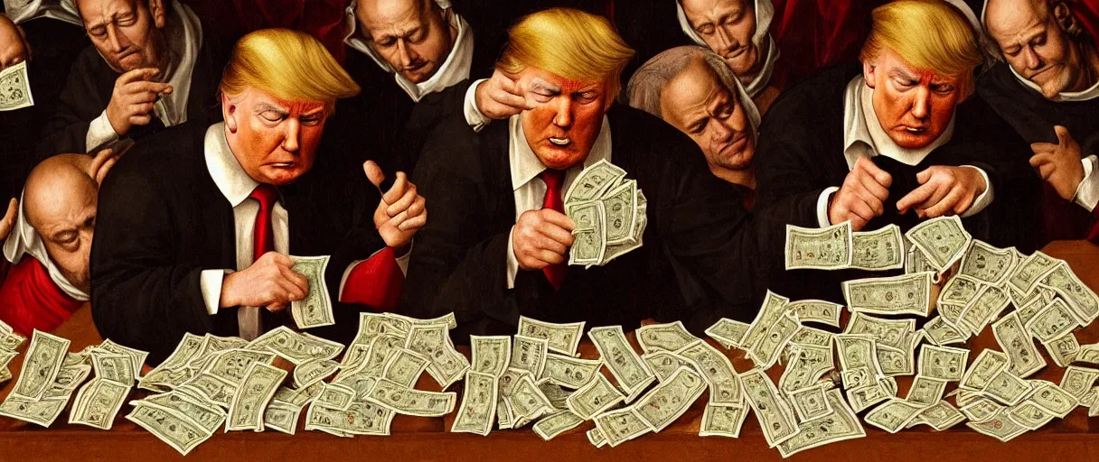 Prompt: donald trump counting money, a medieval painting, ultra - detailed, 8 k