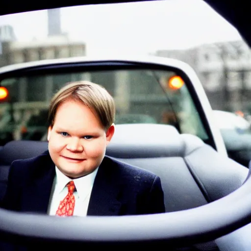 Image similar to 1 9 9 8 andy richter wearing a black wool coat and necktie in his car driving through the streets of chicago at night, pov back seat of car, cozy atmosphere