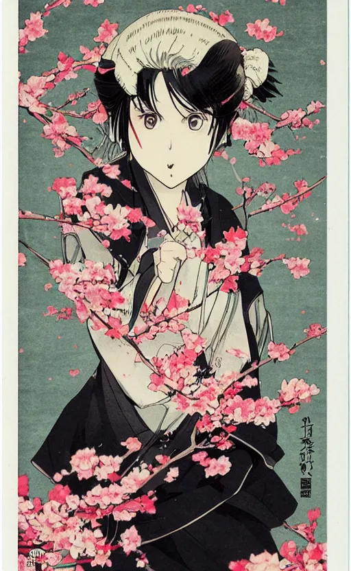 Prompt: by akio watanabe, manga art, realistic anatomy, a girl with white hair and blossoming sakura petals, trading card front, kimono, sun in the background